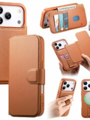 CASENEO For iPhone 17 Pro Max Magnetic Case RFID Blocking Wallet Detachable Leather Phone Cover with Wristband Brown iPhone 17 Pro Max by The Case Factory