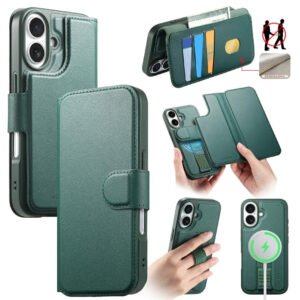 CASENEO For iPhone 17 Magnetic Case RFID Blocking Wallet Detachable Leather Phone Cover with Wristband Green iPhone 17 by The Case Factory