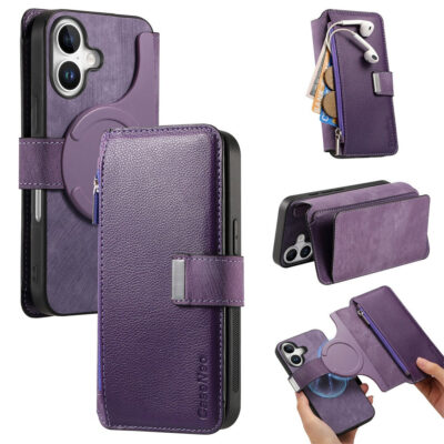 CASENEO For iPhone 17 Case Magnetic Detachable Zipper Wallet Leather Flip Phone Cover Purple iPhone 17 by The Case Factory