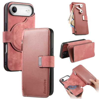 CASENEO For iPhone Air Case Magnetic Detachable Zipper Wallet Leather Flip Phone Cover Pink iPhone Air by The Case Factory