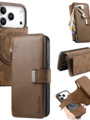 CASENEO For iPhone 17 Pro Case Magnetic Detachable Zipper Wallet Leather Flip Phone Cover Brown iPhone 17 Pro by The Case Factory