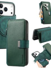 CASENEO For iPhone 17 Pro Case Magnetic Detachable Zipper Wallet Leather Flip Phone Cover Green iPhone 17 Pro by The Case Factory
