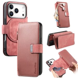 CASENEO For iPhone 17 Pro Case Magnetic Detachable Zipper Wallet Leather Flip Phone Cover Pink iPhone 17 Pro by The Case Factory