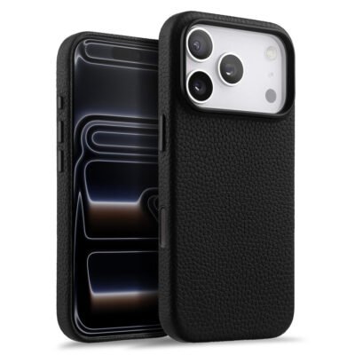 MELKCO For iPhone 17 Pro Magnetic Case Genuine Cow Leather Phone Cover with Metal Keys / AI Button Black iPhone 17 Pro by The Case Factory