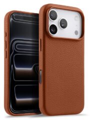 MELKCO For iPhone 17 Pro Magnetic Case Genuine Cow Leather Phone Cover with Metal Keys / AI Button Brown iPhone 17 Pro by The Case Factory