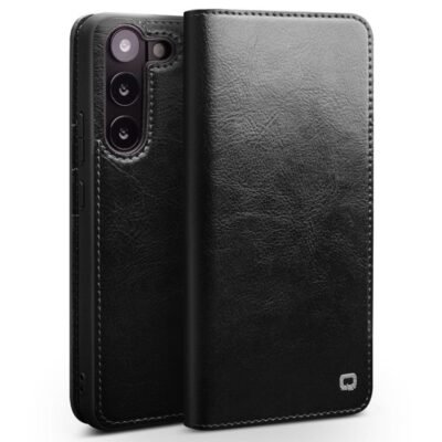 QIALINO For Samsung Galaxy S23 Wallet Case Waxy Genuine Cow Leather Flip Phone Cover Black Samsung Galaxy S23 by The Case Factory
