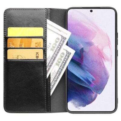 QIALINO For Samsung Galaxy S23 Wallet Case Waxy Genuine Cow Leather Flip Phone Cover by The Case Factory
