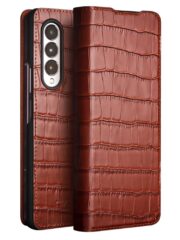 QIALINO for Samsung Galaxy Z Fold4 Case Crocodile Texture Cowhide Leather Flip Phone Cover Brown Samsung Galaxy Z Fold4 by The Case Factory