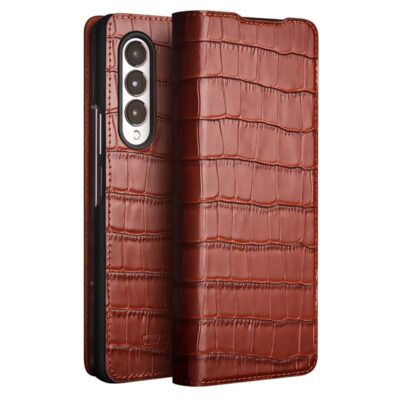 QIALINO for Samsung Galaxy Z Fold4 Case Crocodile Texture Cowhide Leather Flip Phone Cover Brown Samsung Galaxy Z Fold4 by The Case Factory