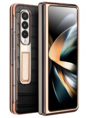 QIALINO for Samsung Galaxy Z Fold4 Electroplating Case Leather Back Cover with Tempered Glass Window Black Samsung Galaxy Z Fold4 by The Case Factory