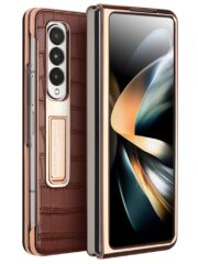 QIALINO for Samsung Galaxy Z Fold4 Electroplating Case Leather Back Cover with Tempered Glass Window Brown Samsung Galaxy Z Fold4 by The Case Factory