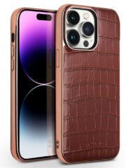 QIALINO for iPhone 14 Pro Case Shockproof Crocodile Texture Genuine Cow Leather Cover | Compatible with MagSafe Brown iPhone 14 Pro by The Case Factory