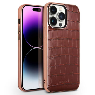QIALINO for iPhone 14 Pro Case Shockproof Crocodile Texture Genuine Cow Leather Cover | Compatible with MagSafe Brown iPhone 14 Pro by The Case Factory