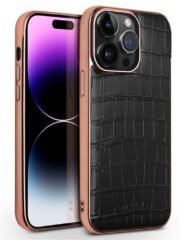 QIALINO for iPhone 14 Pro Max Case Shockproof Crocodile Texture Genuine Cow Leather Cover | Compatible with MagSafe Black iPhone 14 Pro Max by The Case Factory