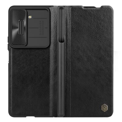 NILLKIN Qin Pro Series for Samsung Galaxy Z Fold5 Leather Case Slide Camera Protection Phone Cover with Pen Slot Black Samsung Galaxy Z Fold5 by The Case Factory