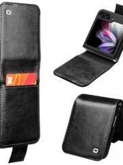 QIALINO For Samsung Galaxy Z Flip5 Case Genuine Leather Slim Fit Phone Cover with Card Holder Black Samsung Galaxy Z Flip5 by The Case Factory