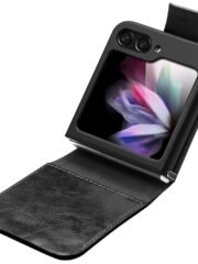 QIALINO For Samsung Galaxy Z Flip5 Case Genuine Leather Slim Fit Phone Cover with Card Holder by The Case Factory