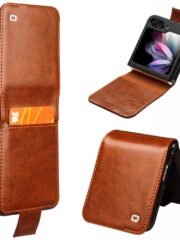 QIALINO For Samsung Galaxy Z Flip5 Case Genuine Leather Slim Fit Phone Cover with Card Holder Light Brown Samsung Galaxy Z Flip5 by The Case Factory
