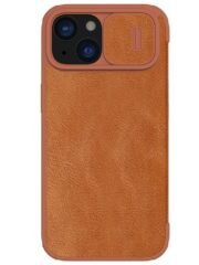 NILLKIN Qin Pro Series for iPhone 15 Plus Slide Camera Lid PU Leather Phone Case Protective Cover with Card Slot Brown iPhone 15 Plus by The Case Factory