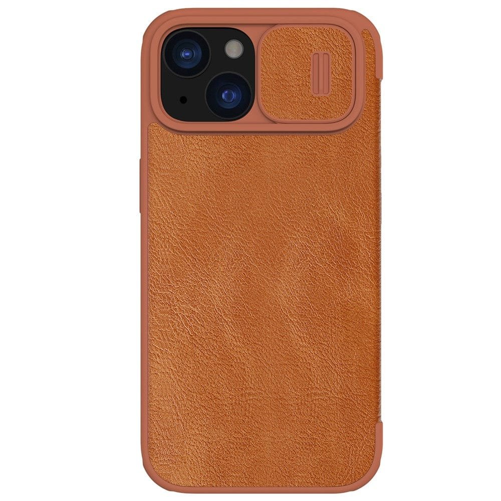 NILLKIN Qin Pro Series for iPhone 15 Plus Slide Camera Lid PU Leather Phone Case Protective Cover with Card Slot Brown iPhone 15 Plus by The Case Factory