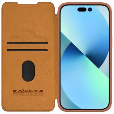 NILLKIN Qin Pro Series for iPhone 15 Plus Slide Camera Lid PU Leather Phone Case Protective Cover with Card Slot by The Case Factory