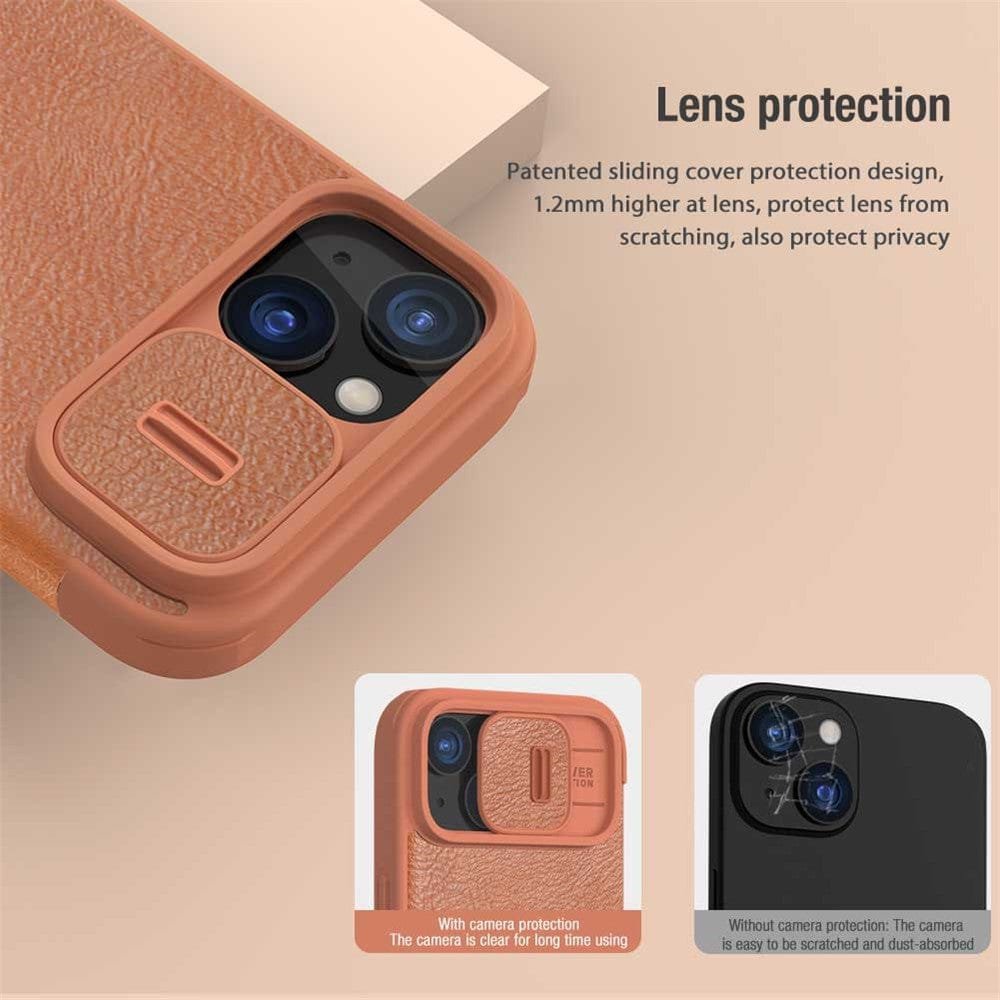 NILLKIN Qin Pro Series for iPhone 15 Plus Slide Camera Lid PU Leather Phone Case Protective Cover with Card Slot by The Case Factory