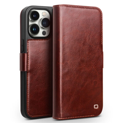 QIALINO For iPhone 15 Pro Max Case Genuine Cow Leather Wallet Magnetic Closure Full Protection Phone Cover Dark Brown iPhone 15 Pro Max by The Case Factory