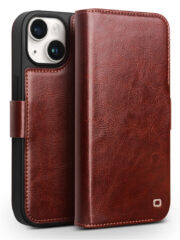 QIALINO for iPhone 15 Plus Case Genuine Cow Leather Wallet Magnetic Closure Phone Cover Dark Brown iPhone 15 Plus by The Case Factory