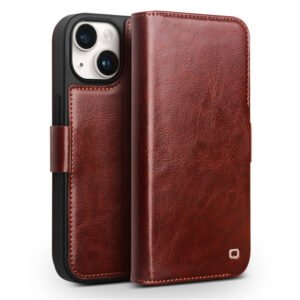 QIALINO for iPhone 15 Plus Case Genuine Cow Leather Wallet Magnetic Closure Phone Cover Dark Brown iPhone 15 Plus by The Case Factory