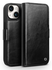 QIALINO for iPhone 15 Plus Case Genuine Cow Leather Wallet Magnetic Closure Phone Cover Black iPhone 15 Plus by The Case Factory