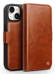 QIALINO for iPhone 15 Plus Case Genuine Cow Leather Wallet Magnetic Closure Phone Cover Light Brown iPhone 15 Plus by The Case Factory