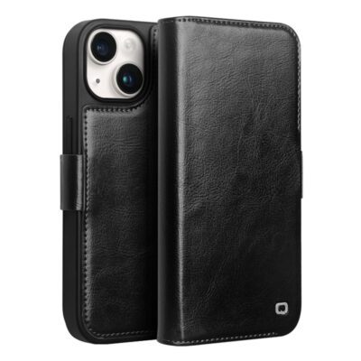 QIALINO For iPhone 15 Case Genuine Cow Leather Stand Wallet Magnetic Closure Cover Black iPhone 15 by The Case Factory