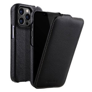 MELKCO For iPhone 13 Pro Flip Case Genuine Cow Leather Vertical Phone Cover Black iPhone 13 Pro by The Case Factory