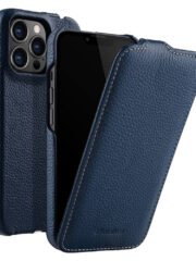MELKCO For iPhone 13 Pro Flip Case Genuine Cow Leather Vertical Phone Cover Dark Blue iPhone 13 Pro by The Case Factory