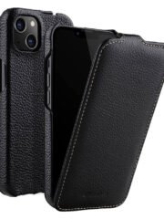 MELKCO For iPhone 14 Flip Case Genuine Cow Leather Vertical Phone Cover Black iPhone 14 by The Case Factory