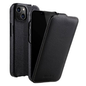 MELKCO For iPhone 14 Flip Case Genuine Cow Leather Vertical Phone Cover Black iPhone 14 by The Case Factory