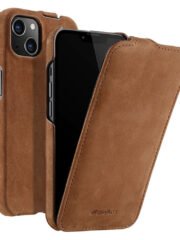 MELKCO For iPhone 14 Flip Case Genuine Cow Leather Vertical Phone Cover Coffee iPhone 14 by The Case Factory