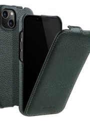 MELKCO For iPhone 14 Flip Case Genuine Cow Leather Vertical Phone Cover Dark Green iPhone 14 by The Case Factory