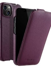 MELKCO For iPhone 14 Flip Case Genuine Cow Leather Vertical Phone Cover Purple iPhone 14 by The Case Factory