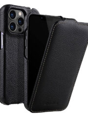 MELKCO For iPhone 14 Pro Flip Case Genuine Cow Leather Vertical Phone Cover Black iPhone 14 Pro by The Case Factory