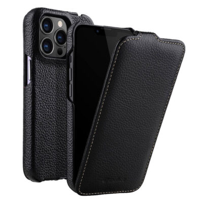 MELKCO For iPhone 14 Pro Flip Case Genuine Cow Leather Vertical Phone Cover Black iPhone 14 Pro by The Case Factory