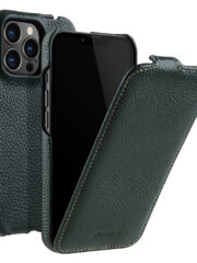 MELKCO For iPhone 14 Pro Flip Case Genuine Cow Leather Vertical Phone Cover Dark Green iPhone 14 Pro by The Case Factory
