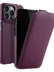MELKCO For iPhone 14 Pro Flip Case Genuine Cow Leather Vertical Phone Cover Purple iPhone 14 Pro by The Case Factory