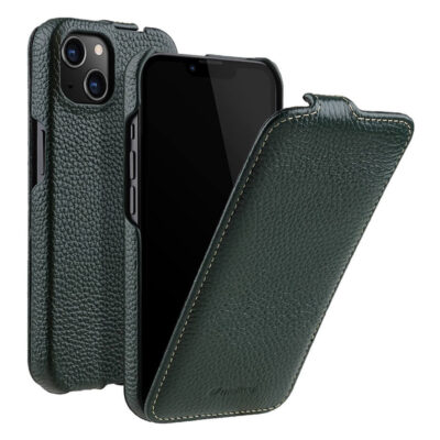 MELKCO For iPhone 14 Plus Flip Case Genuine Cow Leather Vertical Phone Cover Dark Green iPhone 14 Plus by The Case Factory