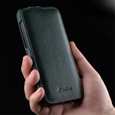 MELKCO For iPhone 14 Plus Flip Case Genuine Cow Leather Vertical Phone Cover by The Case Factory