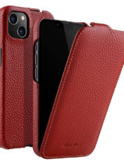 MELKCO For iPhone 14 Plus Flip Case Genuine Cow Leather Vertical Phone Cover Red iPhone 14 Plus by The Case Factory