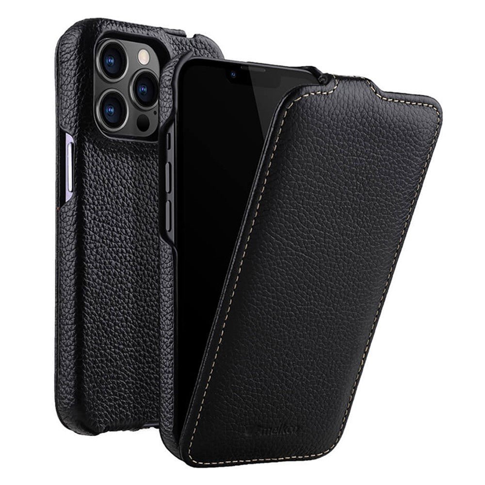 MELKCO For iPhone 14 Pro Max Flip Case Genuine Cow Leather Vertical Phone Cover Black iPhone 14 Pro Max by The Case Factory