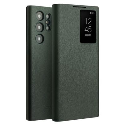QIALINO For Samsung Galaxy S23 Ultra Case Smart View Window Genuine Cowhide Leather Flip Cover Green Samsung Galaxy S23 Ultra by The Case Factory