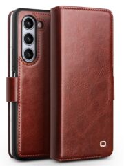 QIALINO for Samsung Galaxy Z Fold5 Wallet Case Waxy Genuine Cow Leather Flip Phone Cover Dark Brown Samsung Galaxy Z Fold5 by The Case Factory