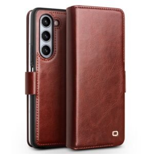 QIALINO for Samsung Galaxy Z Fold5 Wallet Case Waxy Genuine Cow Leather Flip Phone Cover Dark Brown Samsung Galaxy Z Fold5 by The Case Factory